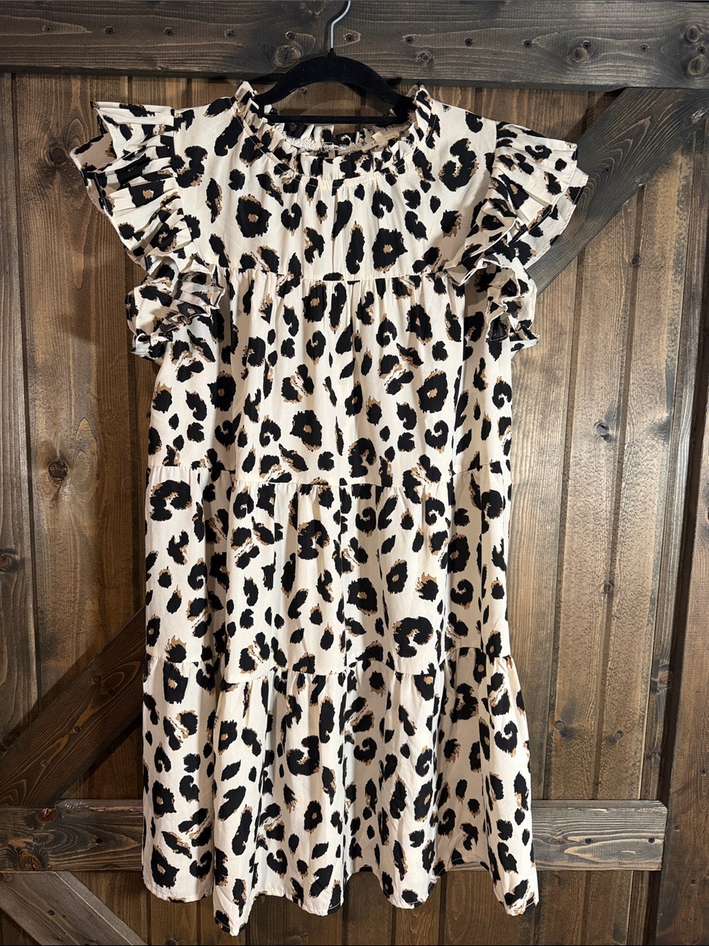 JODIFL Cream Leopard-Print Ruffle Tiered Mini Dress